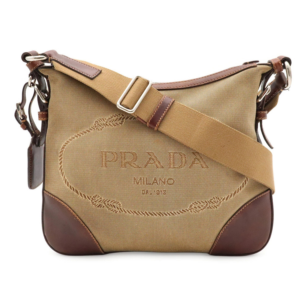 Prada Jacquard Canvas Leather Crossbody Bag Khaki Dark Green Brown